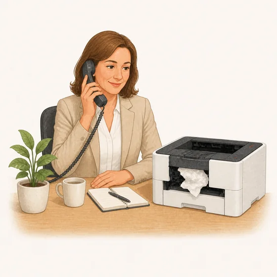 Illustration of an office manager on the phone beside a jammed desktop printer