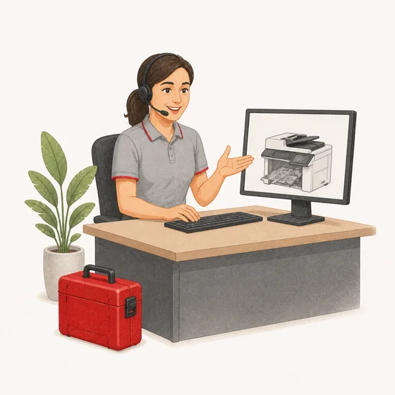 Illustration of a technician with a headset talking a customer through a printer fault