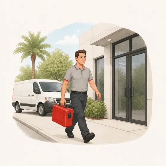 Illustration of a technician arriving at an office with a red tool case