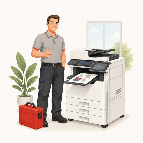 Illustration of a technician beside a repaired office copier