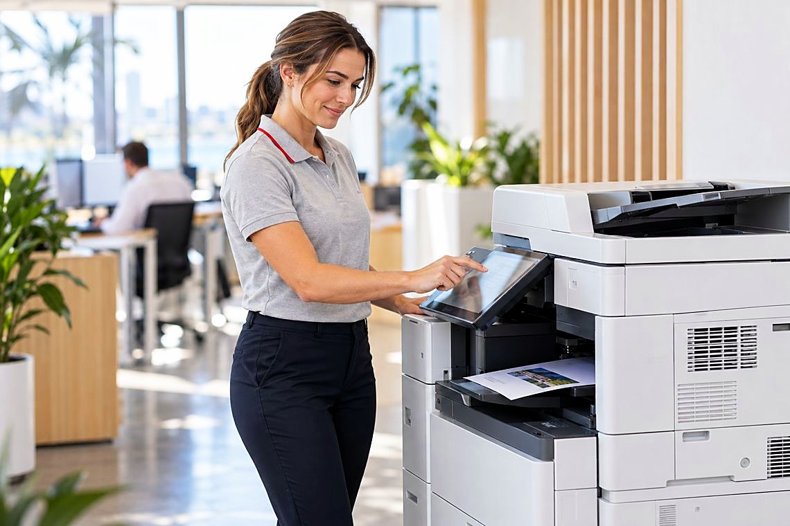 A technician running a test print on an office copier after a printer service